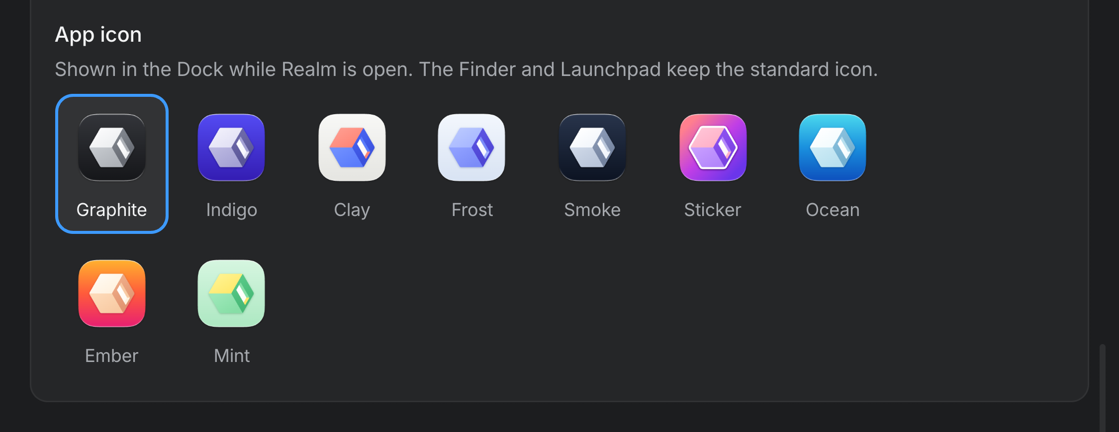 Settings, Appearance, App icon: nine icons, each the cube with a lit doorway. Graphite is selected, then Indigo, Clay, Frost, Smoke, Sticker, Ocean, Ember and Mint.