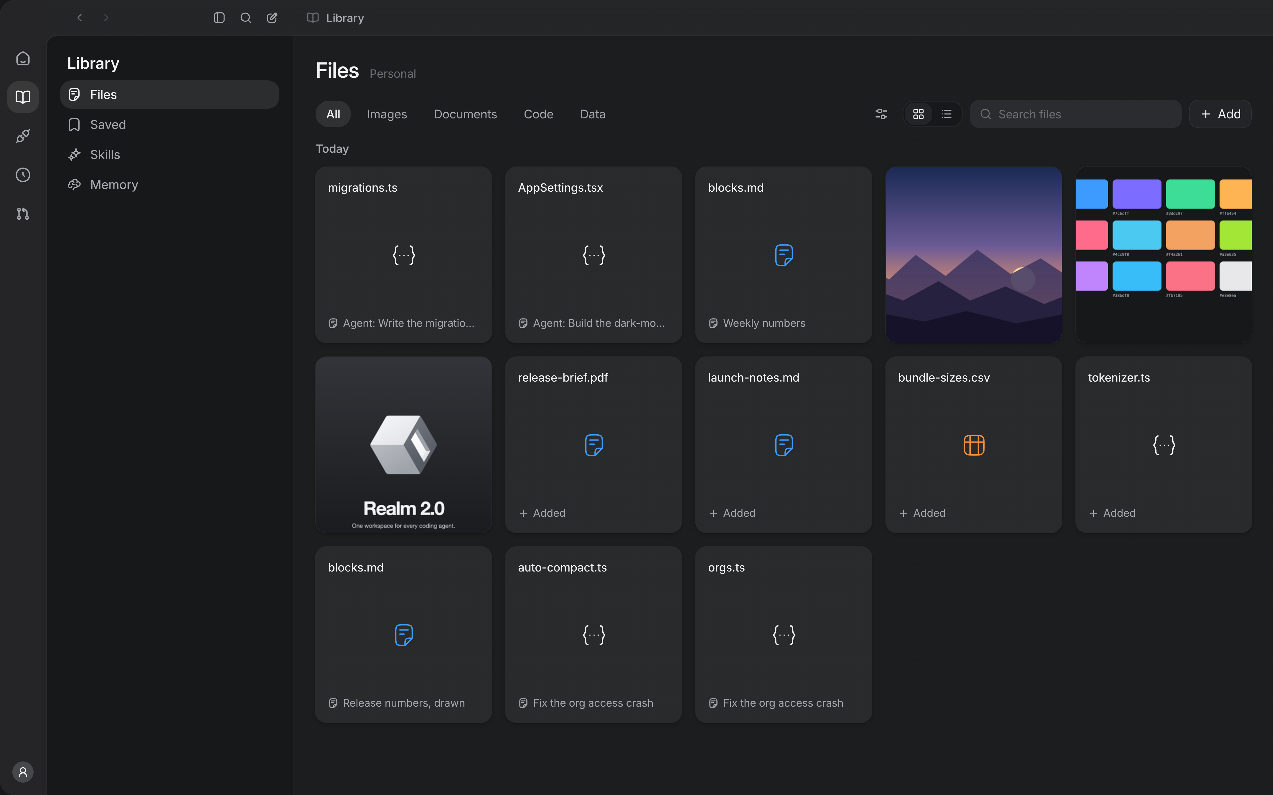 The Library's Files page: tabs for All, Images, Documents, Code and Data, a filter, tiles or rows, a search and Add, over square tiles. Pictures fill theirs, other files show their name and icon, and the ones you added are marked Added.