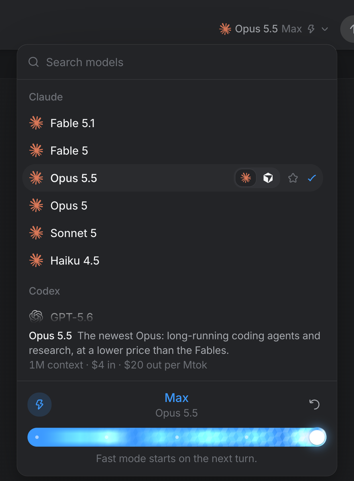 The model picker open under its chip: Claude's models with Opus 5.5 ticked and its row showing the harnesses that run it, Codex's below, a strip naming what Opus 5.5 is for, its context and its price, and the effort card at Max with the track lit and the fast-mode bolt on.
