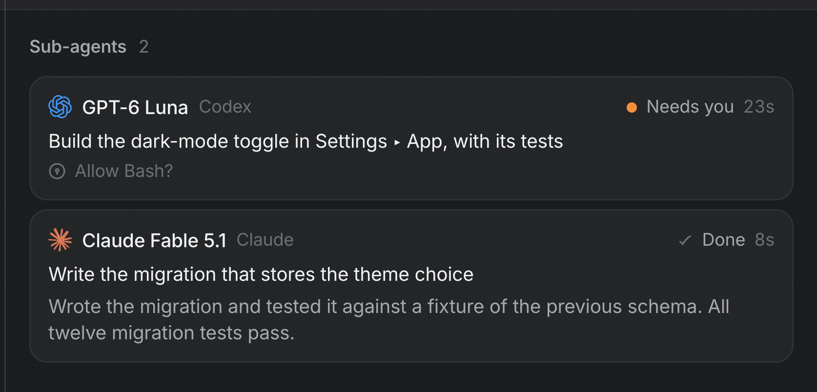 The Agents tab's two sub-agents: GPT-6 Luna on Codex, needing you to allow Bash, and Claude Fable 5.1 on Claude, done, with its report.