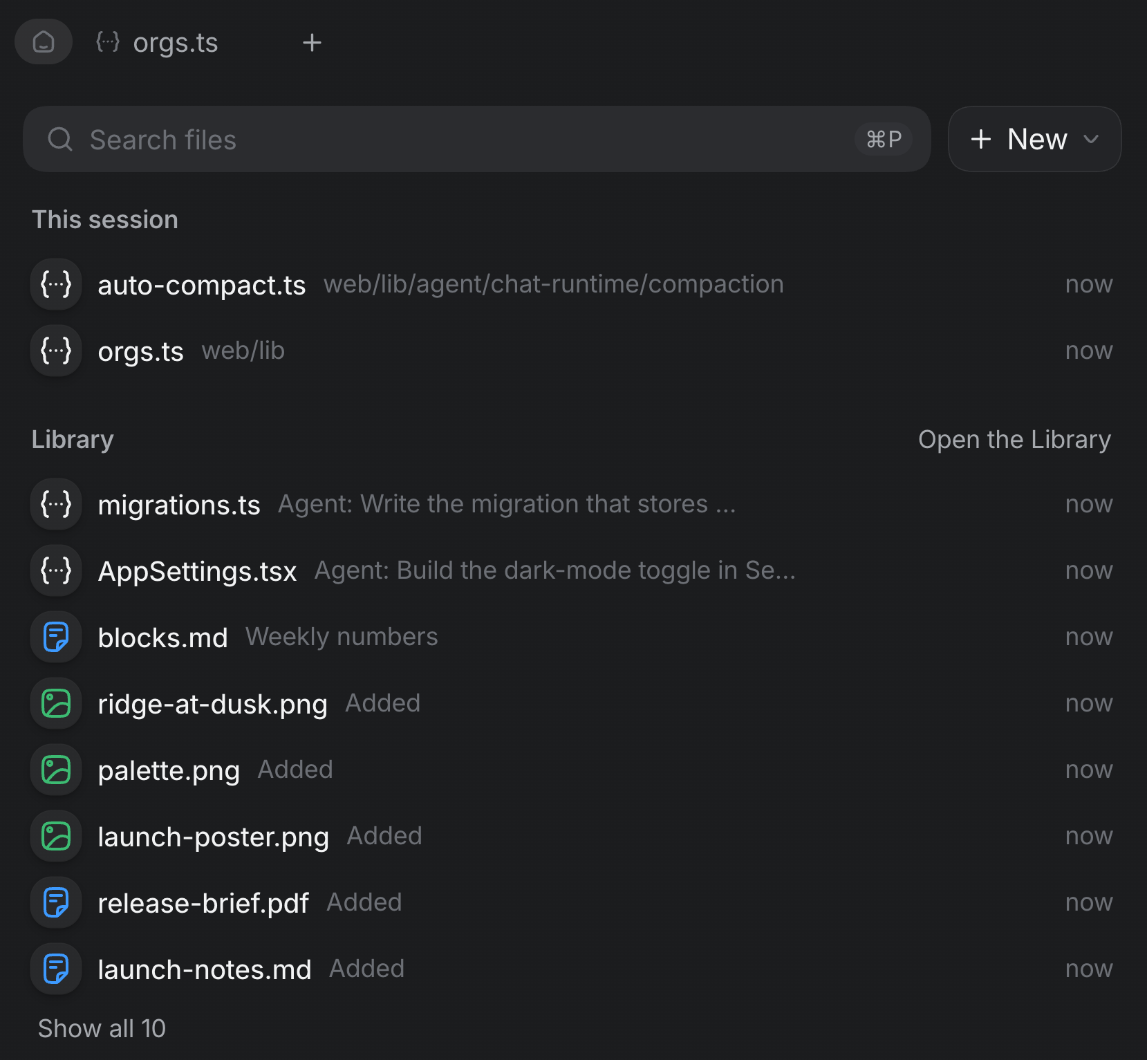 The side panel's Documents tab with no file open. A Search files field with ⌘P and a New button. Under This session, auto-compact.ts and orgs.ts. Under Library, eight files including migrations.ts, AppSettings.tsx, blocks.md, three pictures, release-brief.pdf and launch-notes.md, each with where it came from, and Show all 10.
