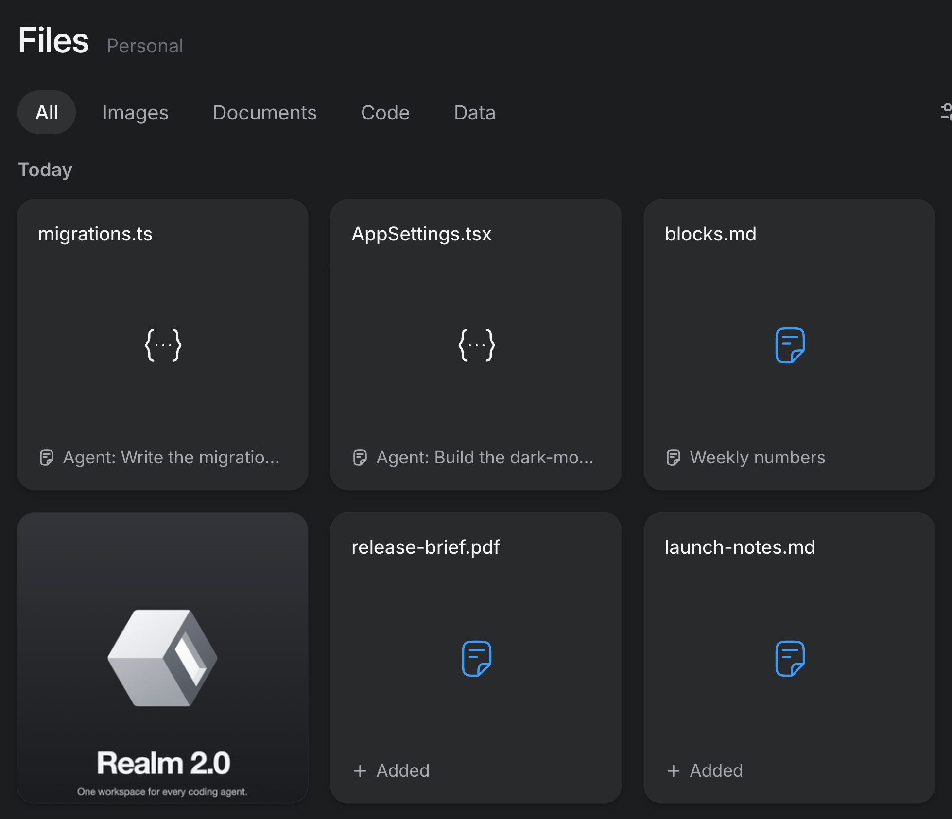 Library ▸ Files, with tabs for All, Images, Documents, Code and Data. Under Today, square tiles: migrations.ts, AppSettings.tsx and blocks.md, each labelled with the session that made it; a picture shown edge to edge; and release-brief.pdf and launch-notes.md, marked Added.