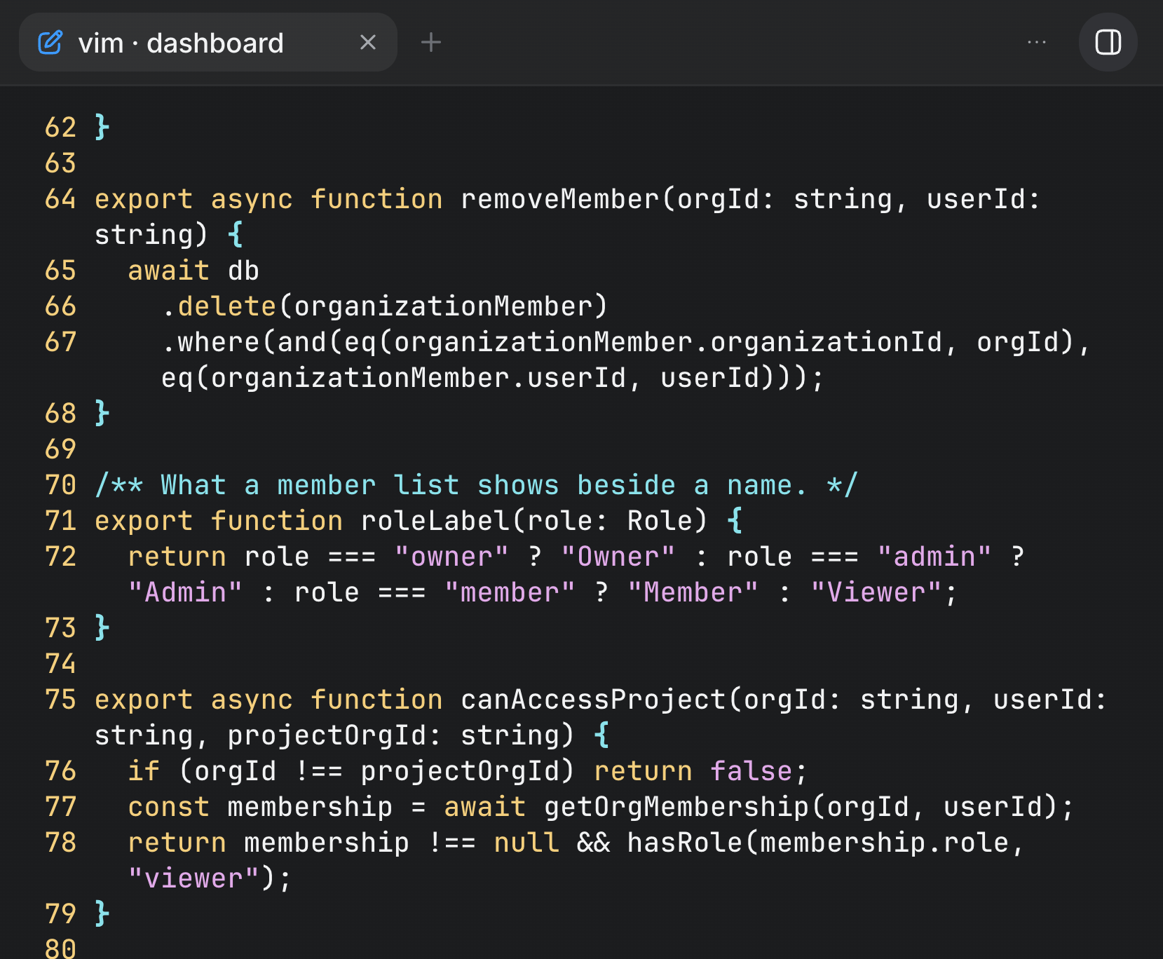 A terminal tab in the side panel, titled vim · dashboard, showing vim with a TypeScript file open at lines 62 to 80.