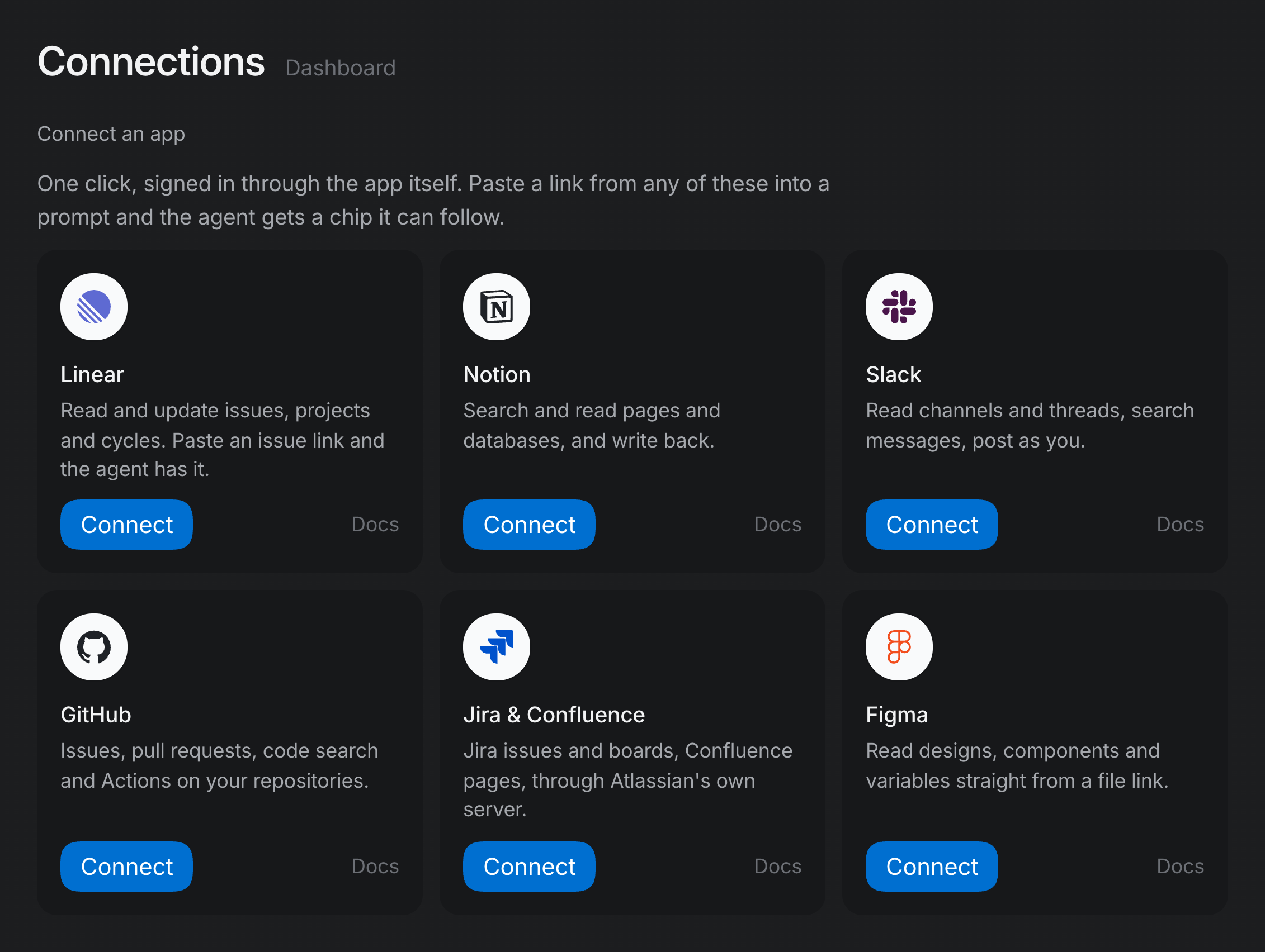 Six of the apps a space can connect, each with what it lets an agent do.