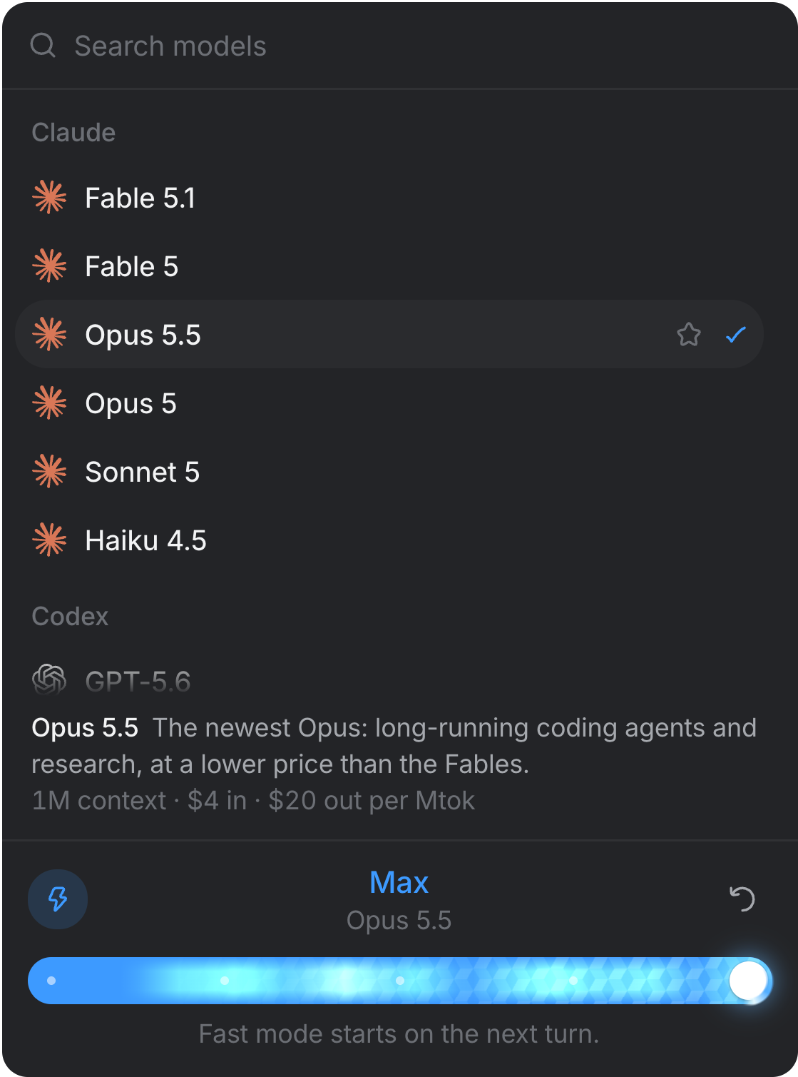 Claude's and Codex's models in one picker, with Opus 5.5 at Max and fast mode on.