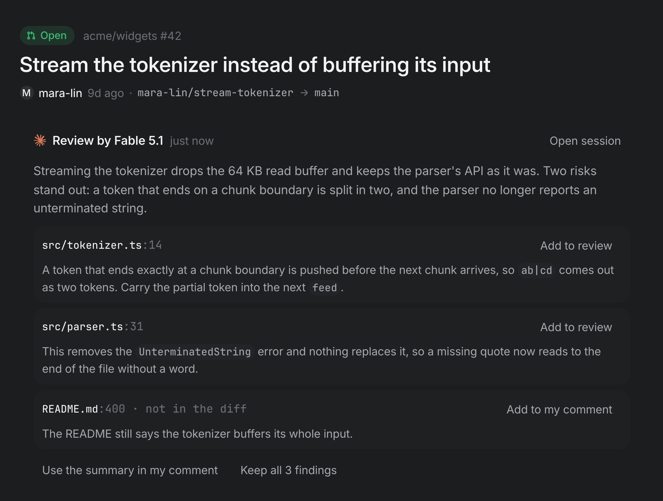 A pull request and three findings from a reviewer on Fable 5.1.