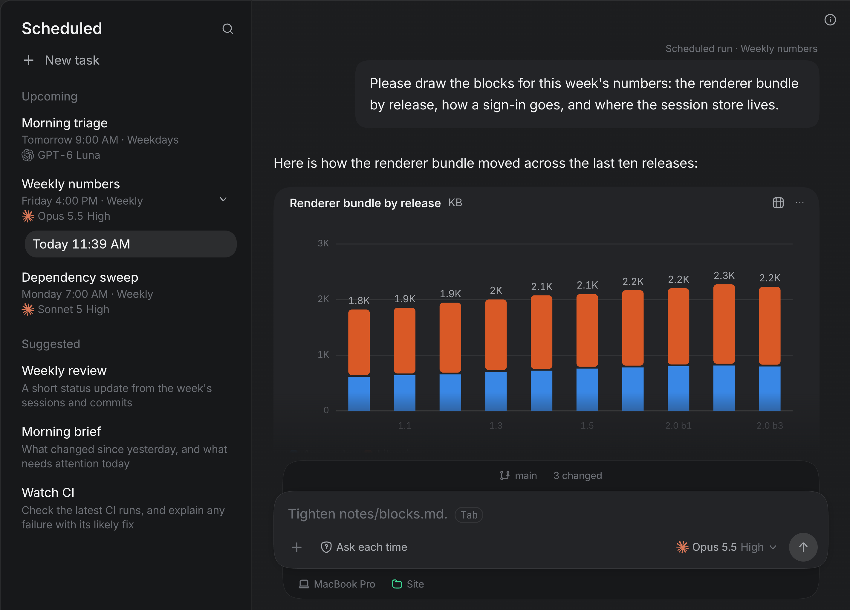 Three tasks on a schedule, each on its own model, and today's run of Weekly numbers.